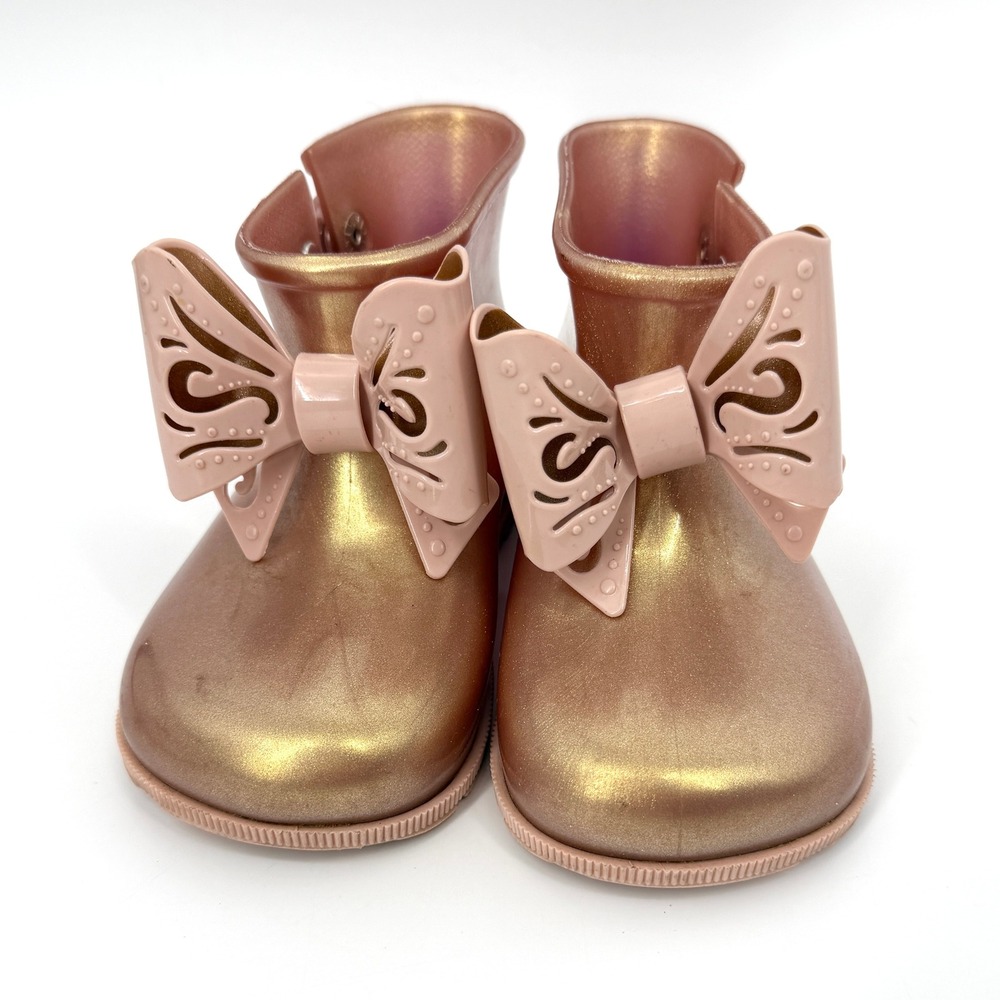 Mini Melissa Girl's Sugar Rain Bow Boots Rose Gold Sz 10